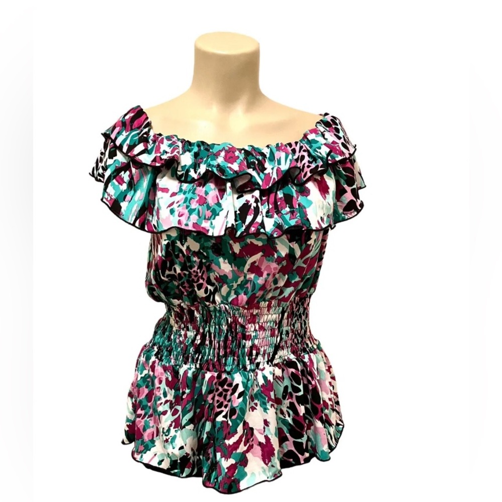 Susie Rose Size XXL Ruffle Peasant Top Green Purple White Shirt